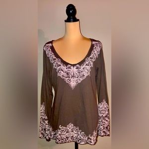 Women's Currants Brown & Blush Pink Long Sleeve V-Neck Top/Shirt, Extra Large XL